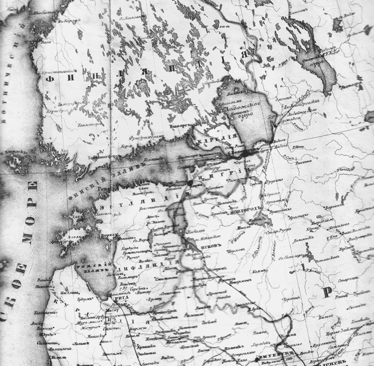 Южная часть границы между Россией и Швецией по Столбовскому миру, обозначенная по современным географическим и топонимическим ориентирам.